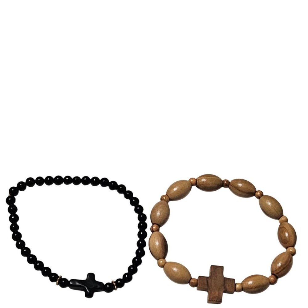 Religious Cross Beaded Bracelets Stretch Black Wooden Beads Set Of 2 Christian
